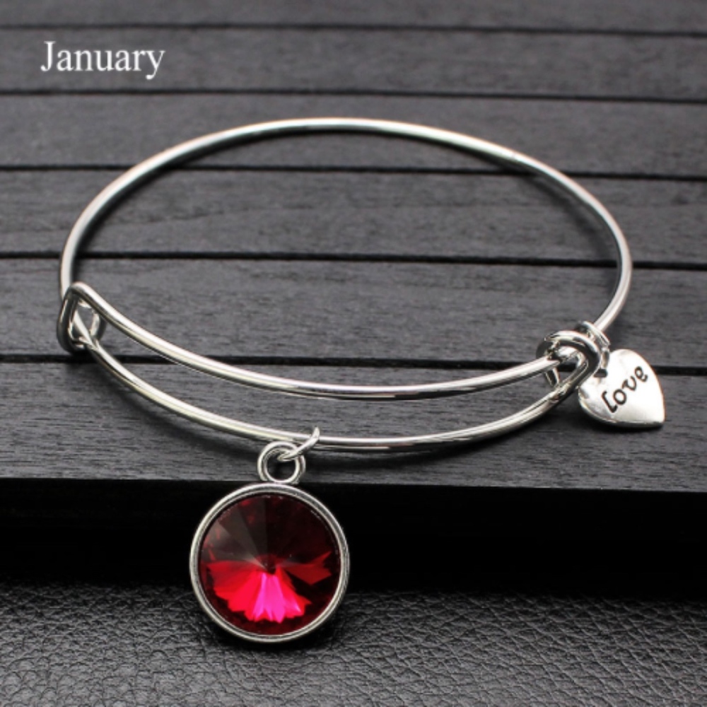 Birthstone Gemstone Charm Silver Bangle Bracelet - Picture 3 of 8